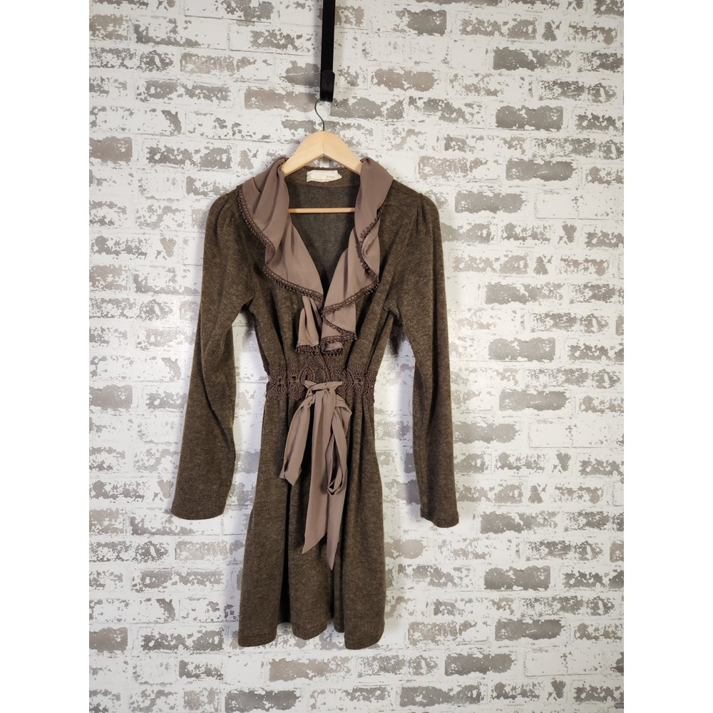 Velvet Ruffle Brown Duster Cardigan Large Ethereal Bohemian Dark Academia Whimsy